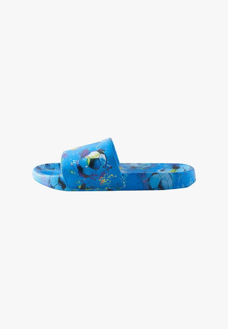 Blauwe slipper met patroon van meerkleurige voetbalballen en verfspatten, enkele open teenband.