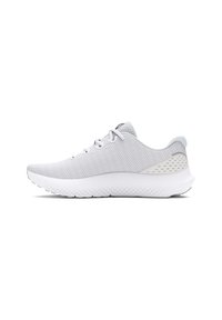Zapatillas deportivas en gris claro con una parte superior de malla texturizada, una suela acolchada y sutiles acentos grises en el talón y en el lateral. Cordones para un ajuste seguro.