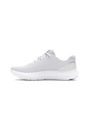 Scarpe da ginnastica grigio chiaro con tomaia in mesh testurizzato, suola ammortizzata e sottili accenti grigi sul tallone e sul lato. Lacci per una vestibilità sicura.