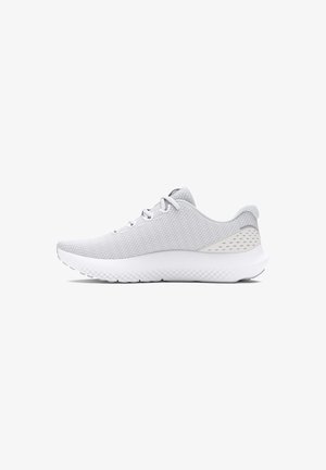 Light gray athletic shoes with a textured mesh upper, a cushioned sole, and subtle gray accents on the heel and side. Laces for secure fit.