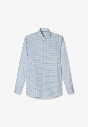 Langärmliges Hemd mit Knöpfen in Hellblau, mit einem Muster aus kleinen dunkelblauen Kreisen. Hergestellt aus Stoff mit glatter Textur. Klassisches Kragen-Design.