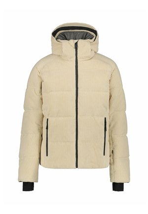 Chaqueta acolchada beige con textura de pana vertical, cremallera negra en la parte frontal, dos bolsillos laterales, capucha y puños interiores negros. No aparecen personas.