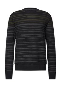 Textured black sweater with horizontal stripes in various shades of gray and olive. Ribbed crew neckline and cuffs. Made of soft material.