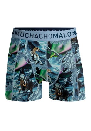 Moške bokserice z modrim pasom, na katerem piše "MUCHACHOMALO", ter s potiskom mamutov, sabljastih mačk, gora in severnega sijaja.
