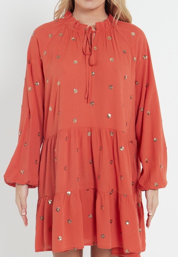 EMBELLISHED TIERED WITH TIE NECK - Day dress - rust