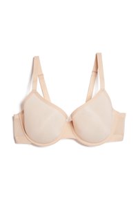 Beżowy biustonosz z fiszbinami, gładkimi miseczkami z tkaniny, regulowanymi ramiączkami i zapięciem na haftki. Posiada bezszwowy, formowany kształt.