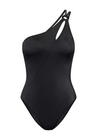 Zwarte eendelig badpak met een gestructureerde afwerking, asymmetrisch ontwerp, enkele schouderband en een ronde uitsnede detail.