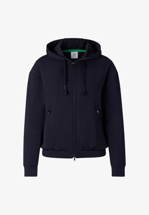 Marineblå hættetrøje med lynlås, snoretræk, to lynlåslommer foran, ribstrikkede manchetter og en tætsiddende talje.