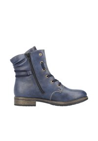 Bottes bleu marine mi-mollet en cuir synthétique, dotées d'une fermeture éclair à l'avant, d'un laçage et d'une semelle en caoutchouc texturé.