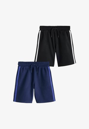 To par afslappede shorts, et par sorte med hvide sidelister og et par mørkeblå med blå sidelister, begge med elastiske taljebånd og snøre.