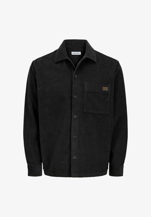 Sort fløjl skjortejakke med knaplukning foran, spids krave, brystlomme og ribbet tekstur. Har sorte knapper og logopatch.