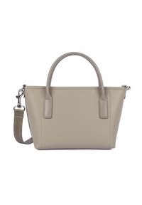 Small beige leather handbag with two rounded handles and a detachable shoulder strap with metal clasps.