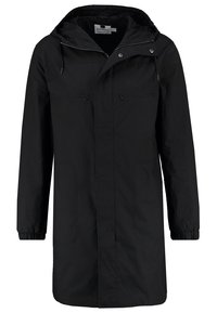 Giacca parka nera impermeabile con cappuccio, chiusura zip frontale, due tasche laterali, cordini regolabili e polsini elasticizzati. Texture liscia e design minimalista.