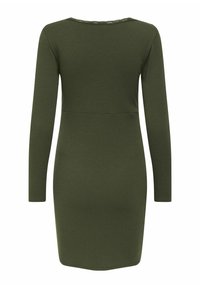 Ribbade långärmade klänning i olivgrön, har en figursydd silhuett och rund halsringning, med en slät textur och knä-lång nederdel.