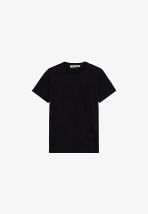 Schwarzes Baumwoll-T-Shirt mit klassischem Rundhalsausschnitt, kurzen Ärmeln und einem kleinen Logodetail auf der linken Brust. Glatte Textur.