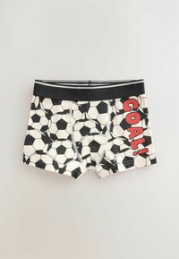 Svart och vit boxershorts med ett mönster av fotbollar. Röd text "MÅL!" accentuerar sidan. Elastisk midja med ränder på toppen.