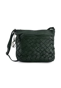 Woven green leather handbag with a textured surface, a zippered top, adjustable strap, and a decorative hardware accent.