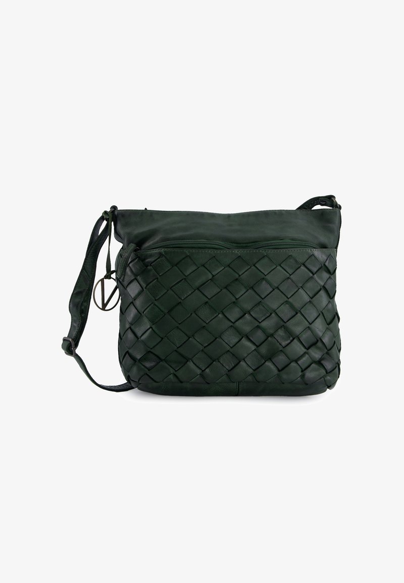 Gewebte grüne Lederhandtasche mit strukturiertem Oberflächen, Reißverschluss oben, verstellbarem Tragegurt und dekorativem Hardware-Akzent.