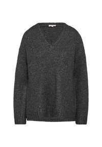 Mørkegrå strikket sweater med V-hals, lange ærmer og løs pasform. Tekstureret stof med subtile prikker, der giver visuel interesse.