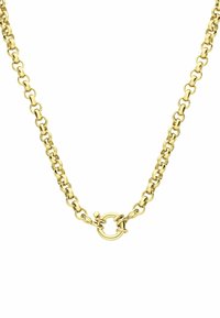 Gouden metalen kettinghalsketting met ovale schakels, een zachte textuur en een ronde sluiting in het midden.