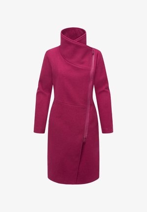 Fuchsia uldblandet frakke med høj krave, skrå lynlås og lange ærmer. Har en glat tekstur og minimalistisk design.