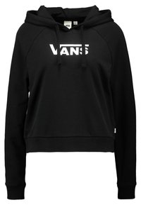 Sweat à capuche court noir en coton doux, doté d'une poche kangourou frontale, d'une capuche avec cordons de serrage, et du logo blanc "VANS" sur la poitrine.