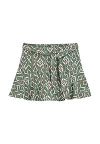 Green and white patterned skirt featuring a stretchy waistband and tie detail, with a flowy, flared shape and textured fabric.