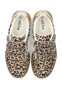 Leopard print shoes with three adjustable straps, cream interior, and a beige sole, made from soft material with a smooth texture. Size 37.