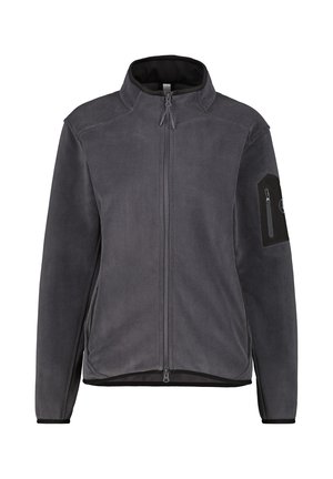 Dark gray full-zip fleece jacket with stand collar and zippered pocket on left upper sleeve.