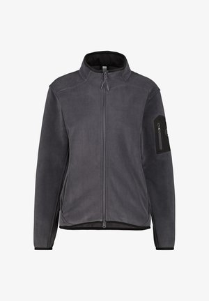 Dark gray full-zip fleece jacket with stand collar and zippered pocket on left upper sleeve.