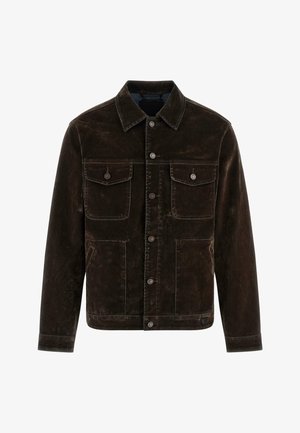 Veste en suède marron foncé avec fermeture à boutons, deux poches poitrine à rabat avec boutons, deux poches latérales, manches longues et col classique.