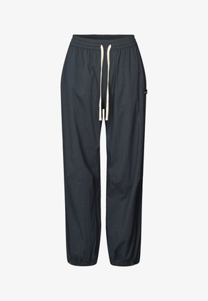 Pantalon de jogging en nylon noir avec taille élastique, cordon de serrage ajustable et poignets élastiques. Comprend une petite étiquette logo sur le côté.