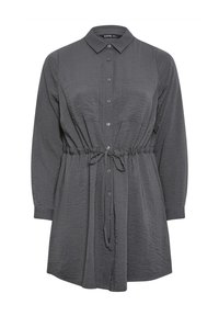 Grijze button-up jurk met een kraag, lange mouwen en een aangehaald middel. Heeft een gemêleerde stof en een striksluiting in de taille.
