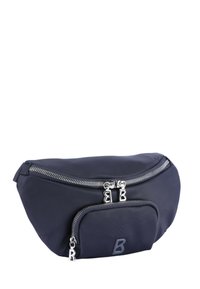 Marsupio in nylon blu navy con doppie tasche con zip, una texture liscia e un logo "B" stampato sulla tasca frontale.