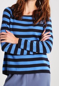 Sininen ja musta raidallinen pitkähiha neule pehmeästä kankaasta, pyöreällä kaula-aukollla ja rennolla istuvuudella. Huomionarvoiset vaakaraidat.