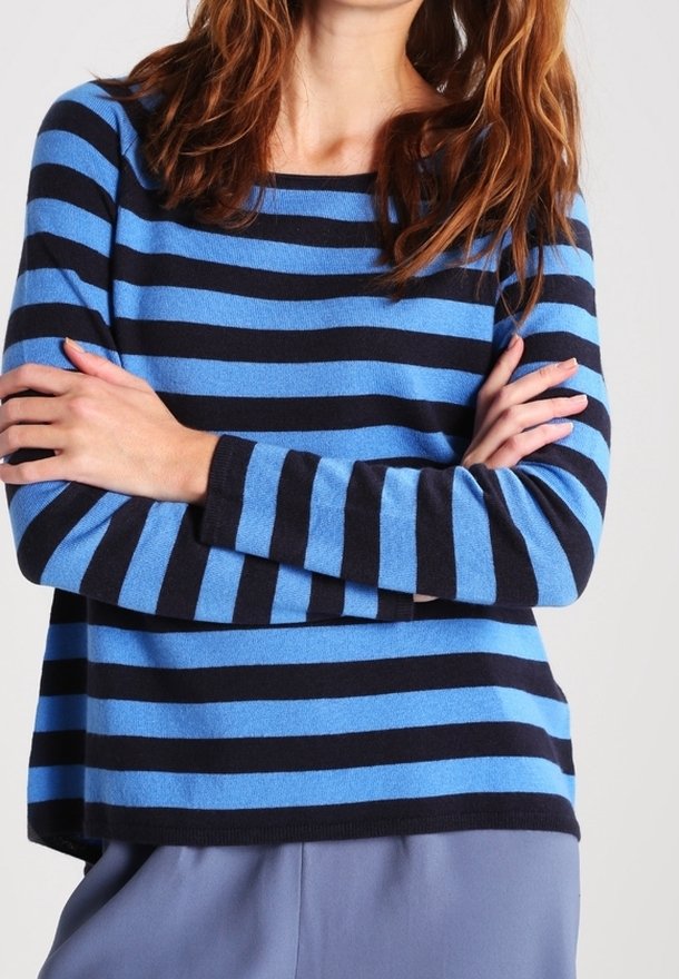 Sininen ja musta raidallinen pitkähiha neule pehmeästä kankaasta, pyöreällä kaula-aukollla ja rennolla istuvuudella. Huomionarvoiset vaakaraidat.