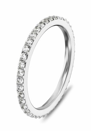 White gold eternity band ring with a continuous row of small round diamonds set along the outer edge.