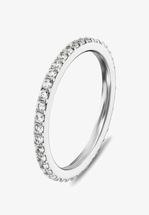 Ehering aus Weißgold mit durchgehendem Reihen von kleinen runden Diamanten entlang der Außenseite.