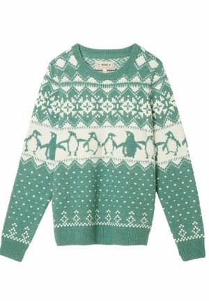Green and white knitted sweater with patterned bands, featuring penguins holding flippers and geometric winter motifs across the chest and sleeves.