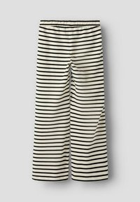 Pantalon blanc à larges jambes avec des rayures horizontales noires et une taille élastique, présenté à plat sur un fond clair.