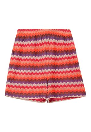 Gestrickte Shorts mit Zickzackmuster in Rot-, Orange-, Lila- und Pinktönen, mit elastischem Bund.