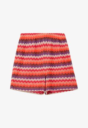 Gestrickte Shorts mit Zickzackmuster in Rot-, Orange-, Lila- und Pinktönen, mit elastischem Bund.