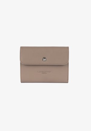 Beige leather wallet with a flap closure, embossed "LANCASTER PARIS" logo, and a silver snap button for secure fastening. Smooth texture.