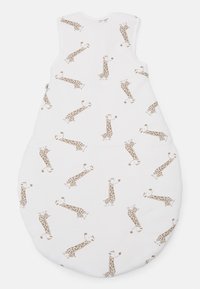 White sleeping bag with a rounded shape, featuring a repeating pattern of brown giraffes. Made of soft fabric with smooth texture.