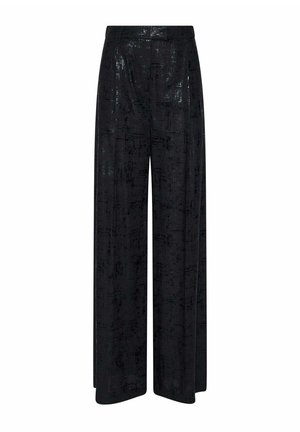 Weit geschnittene schwarze Hosen mit weitem Bein, dezentem Strukturmuster und hohem Bund.
