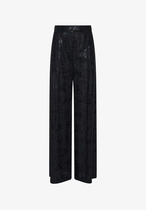 Loszittende zwarte wijde pijpen met een subtiel gestructureerd patroon en een hoge tailleband.