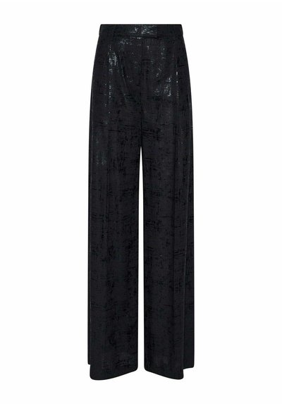 Loszittende zwarte wijde pijpen met een subtiel gestructureerd patroon en een hoge tailleband.