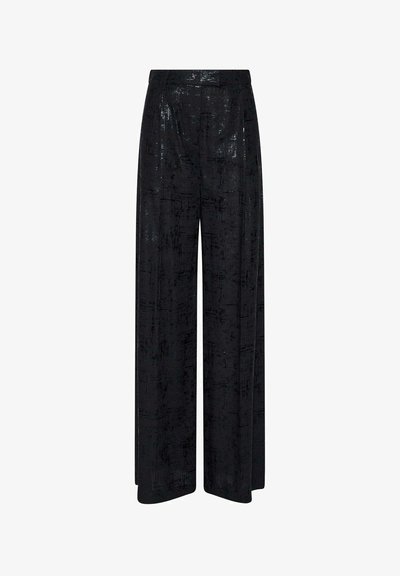 Loszittende zwarte wijde pijpen met een subtiel gestructureerd patroon en een hoge tailleband.