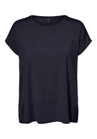 Camiseta de manga corta azul marino con un corte relajado, cuello redondo y textura suave. Diseño simple sin patrones ni detalles destacados.