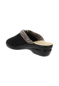 Scarpa nera slip-on con collare a stampa leopardo, parte superiore in tessuto morbido, soletta imbottita e suola in gomma bassa e sagomata.